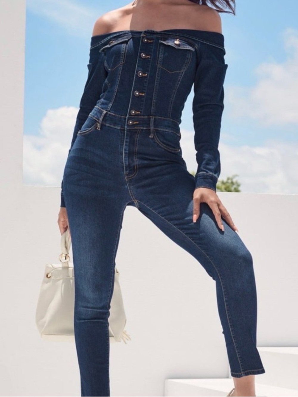 Dark Blue Off-Shoulder Denim Overalls Jumpsuit - Picture 6 of 12